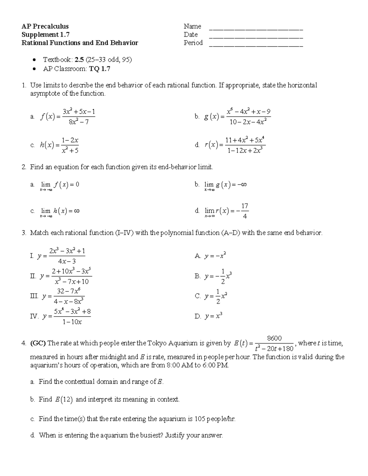 AP Precalculus Supplement 1.7: Rational Functions & End Behavior - Studocu