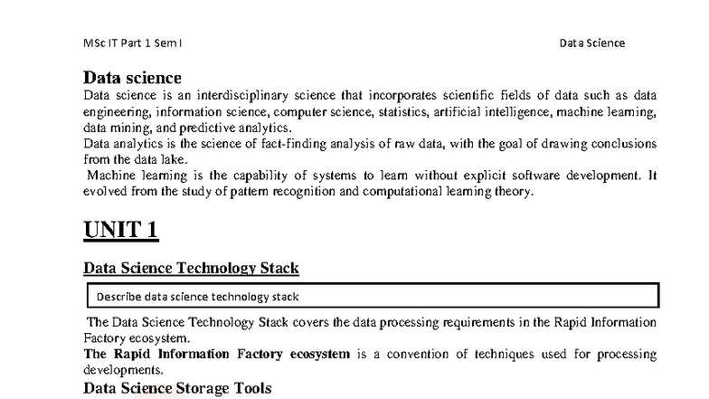 MSc IT Part 1 Sem I Data Science Unit 1 Overview and Key Concepts - Studocu