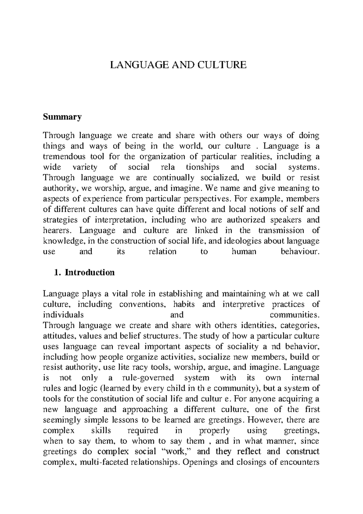 THE Vital ROLE OF Language AND Culture Ling Last lecture - LANGUAGE AND ...