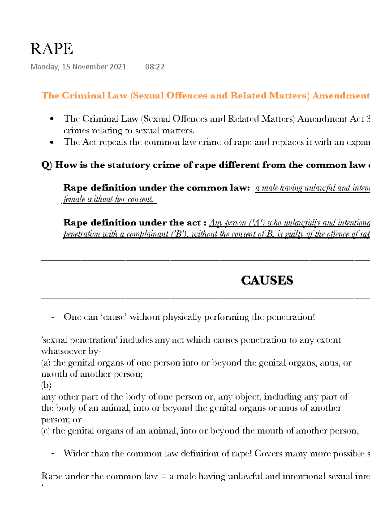 Criminal Law - RAPE - Lecture Notes on Definitions & Exam Examples ...