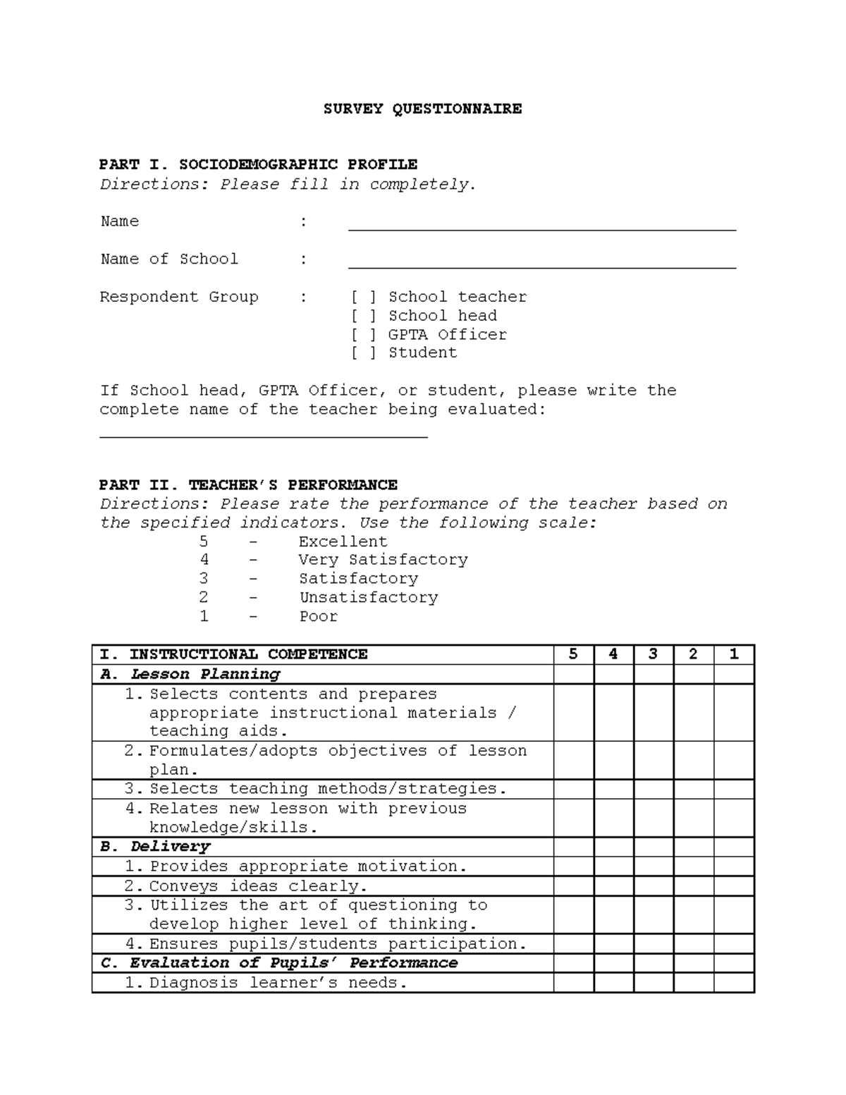 Teacher Performance Evaluation Survey Questionnaire (Part I) - Studocu
