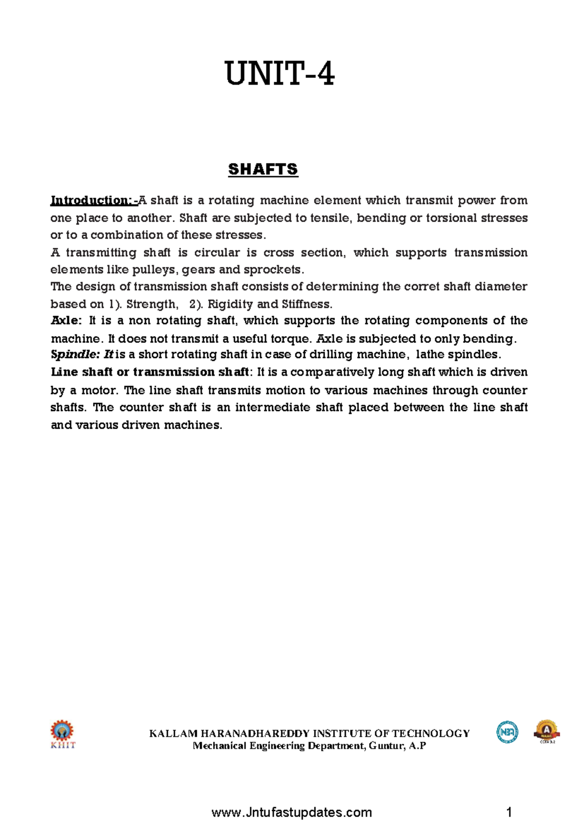 R19 DMM-I - UNIT 4: Comprehensive Notes on Shafts and Their Design ...