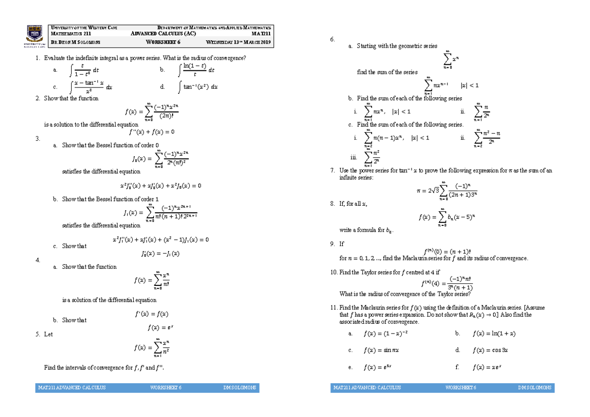 MAT211 Advanced Calculus Worksheet 6 Wednesday 13 March 2019 - MAT211 ...