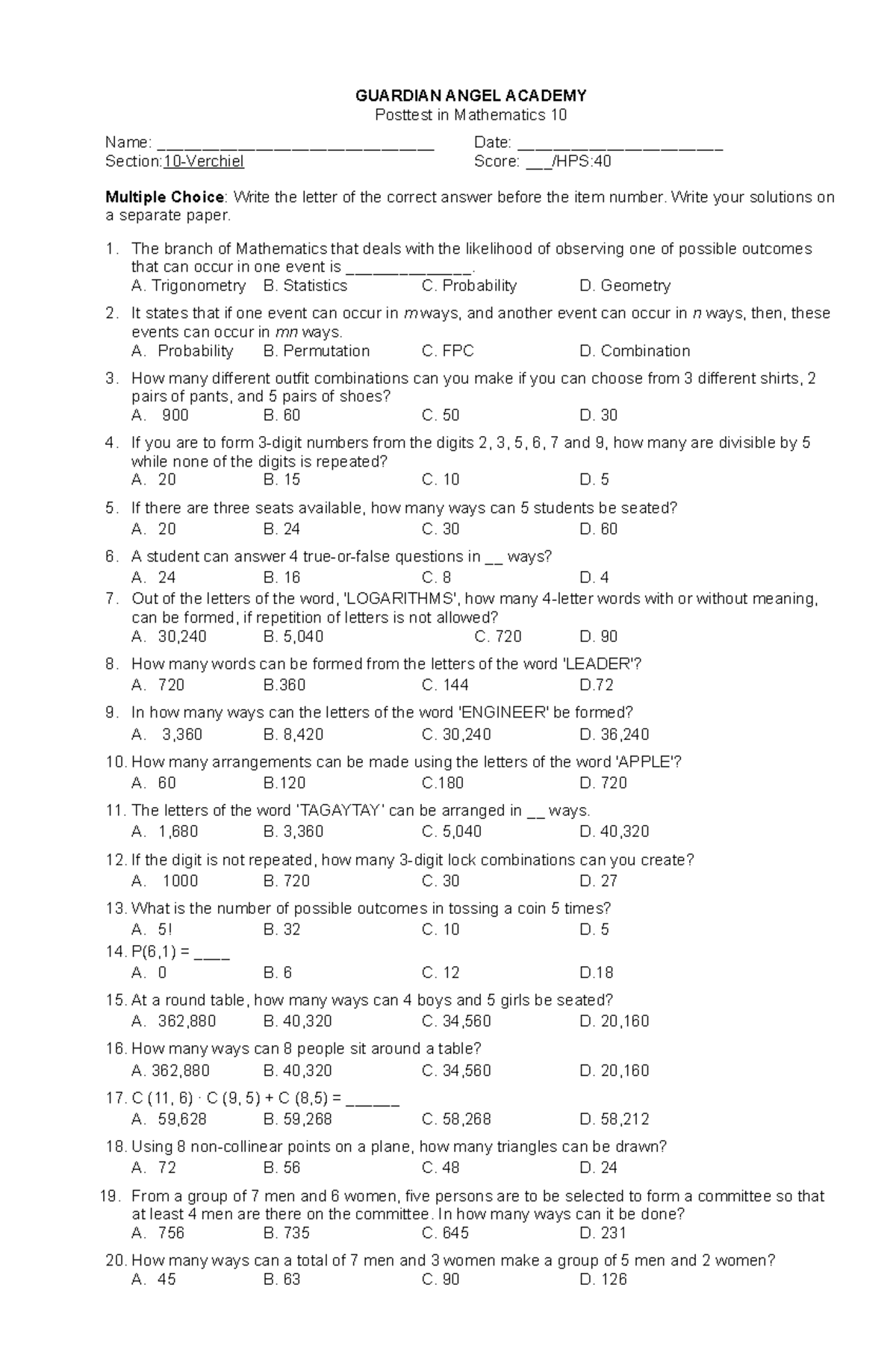 Posttest - Mathematics 10 Personal Development Assessment - Studocu
