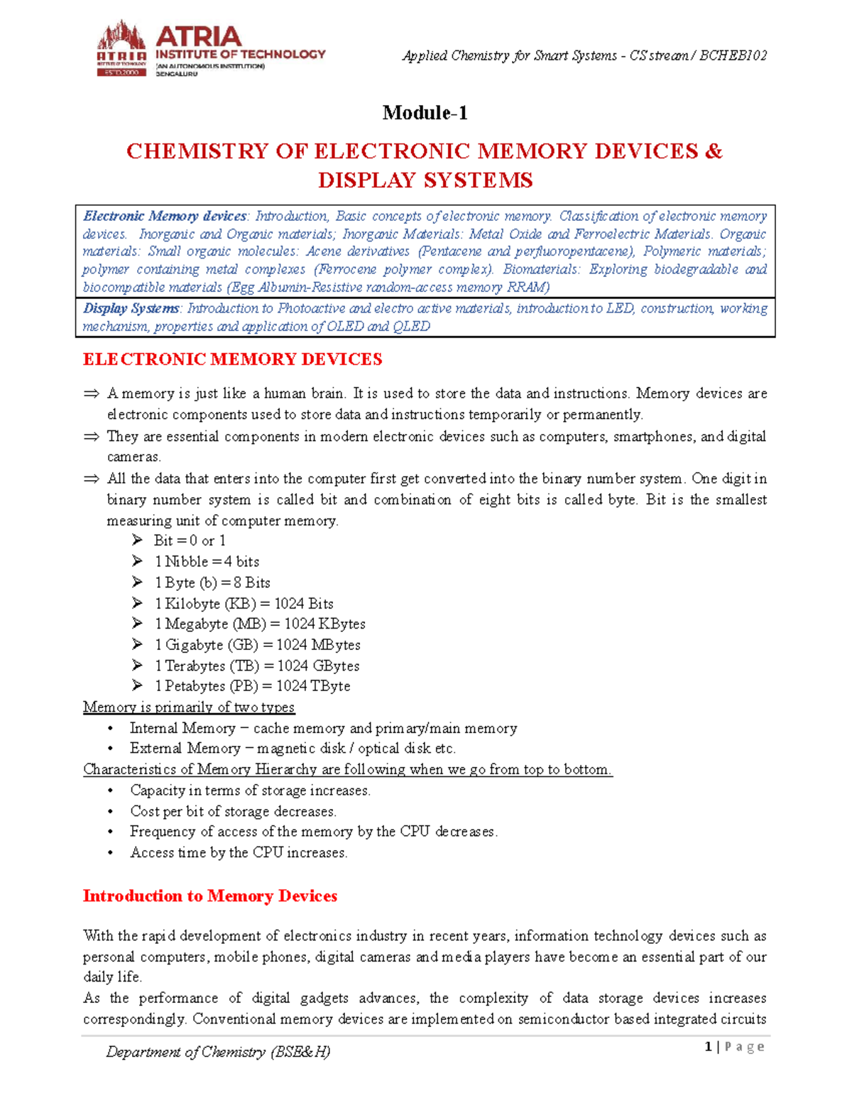 Applied Chemistry for Smart Systems CS stream BCHEB102: Electronic ...