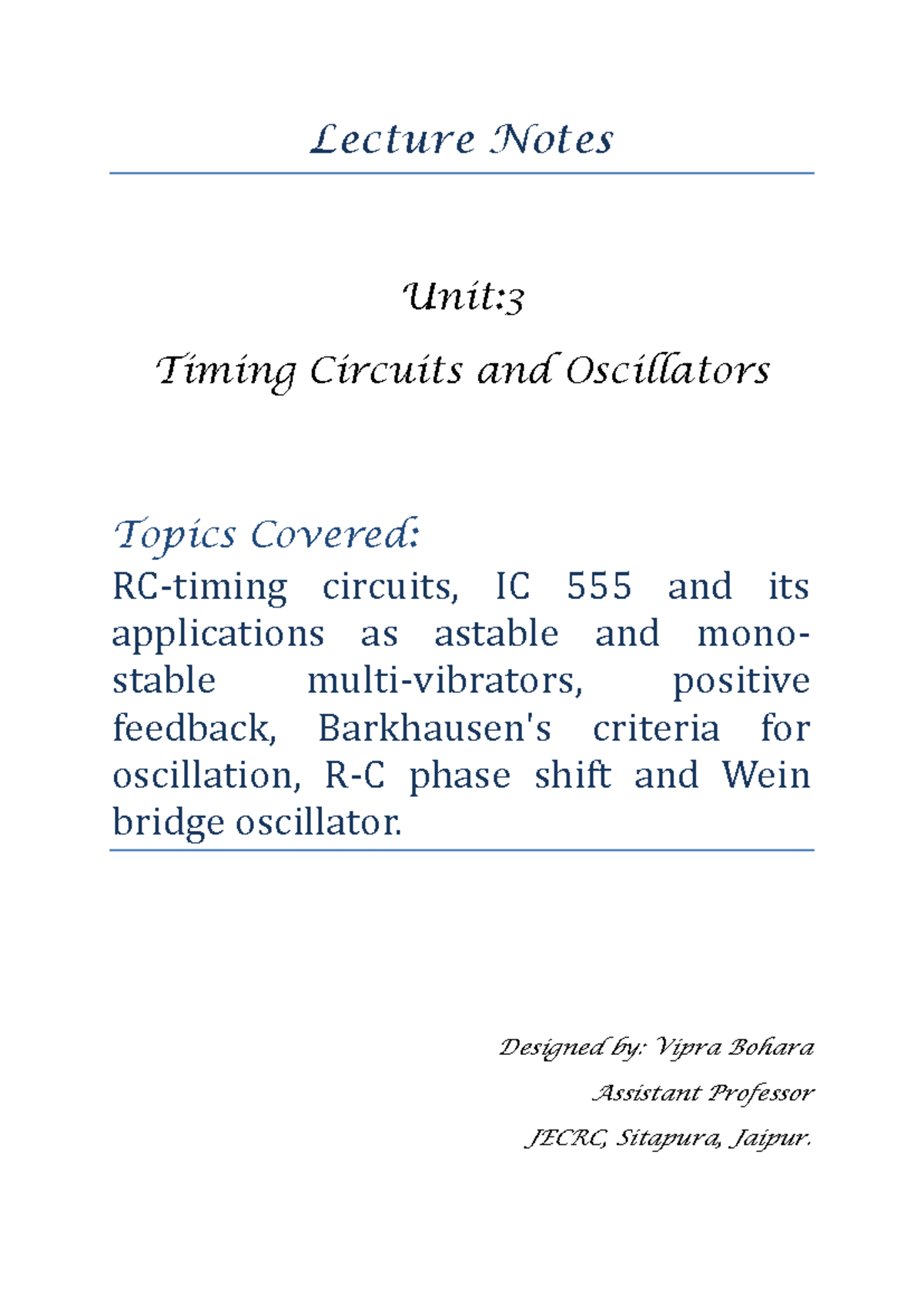 DE UNIT 3 Timing Circuit and Oscillators - Lecture Notes Unit: Timing ...