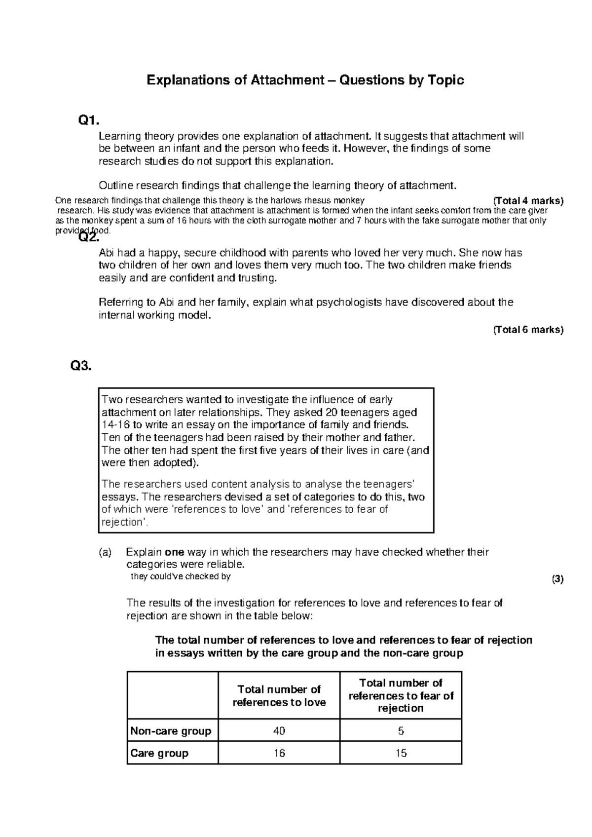 Explanations of Attachment Q&A: Learning Theory & Internal Models - Studocu