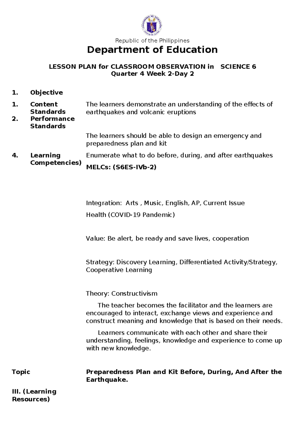 science 6 quarter 4_earthquake - Republic of the Philippines Department ...