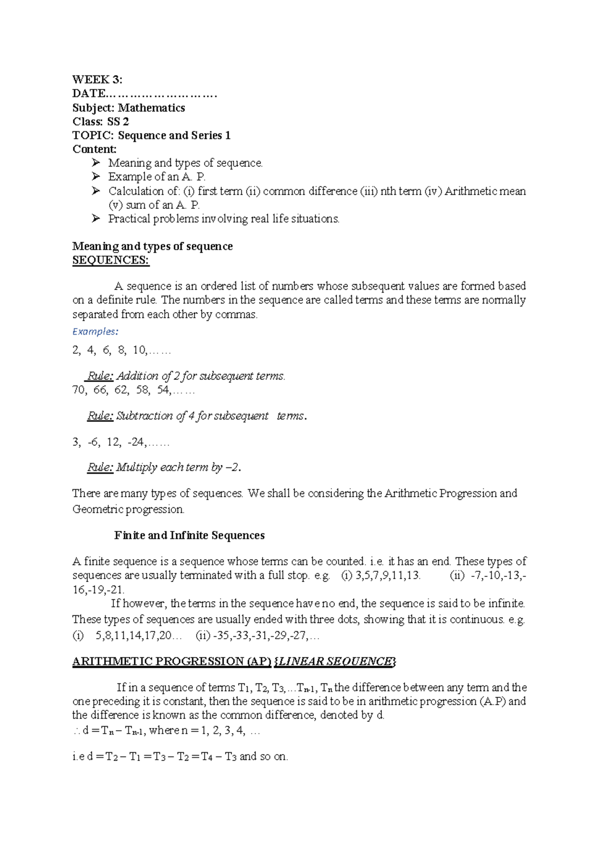 AP and GP - Lecture Notes for Mathematics SS 2 - Studocu