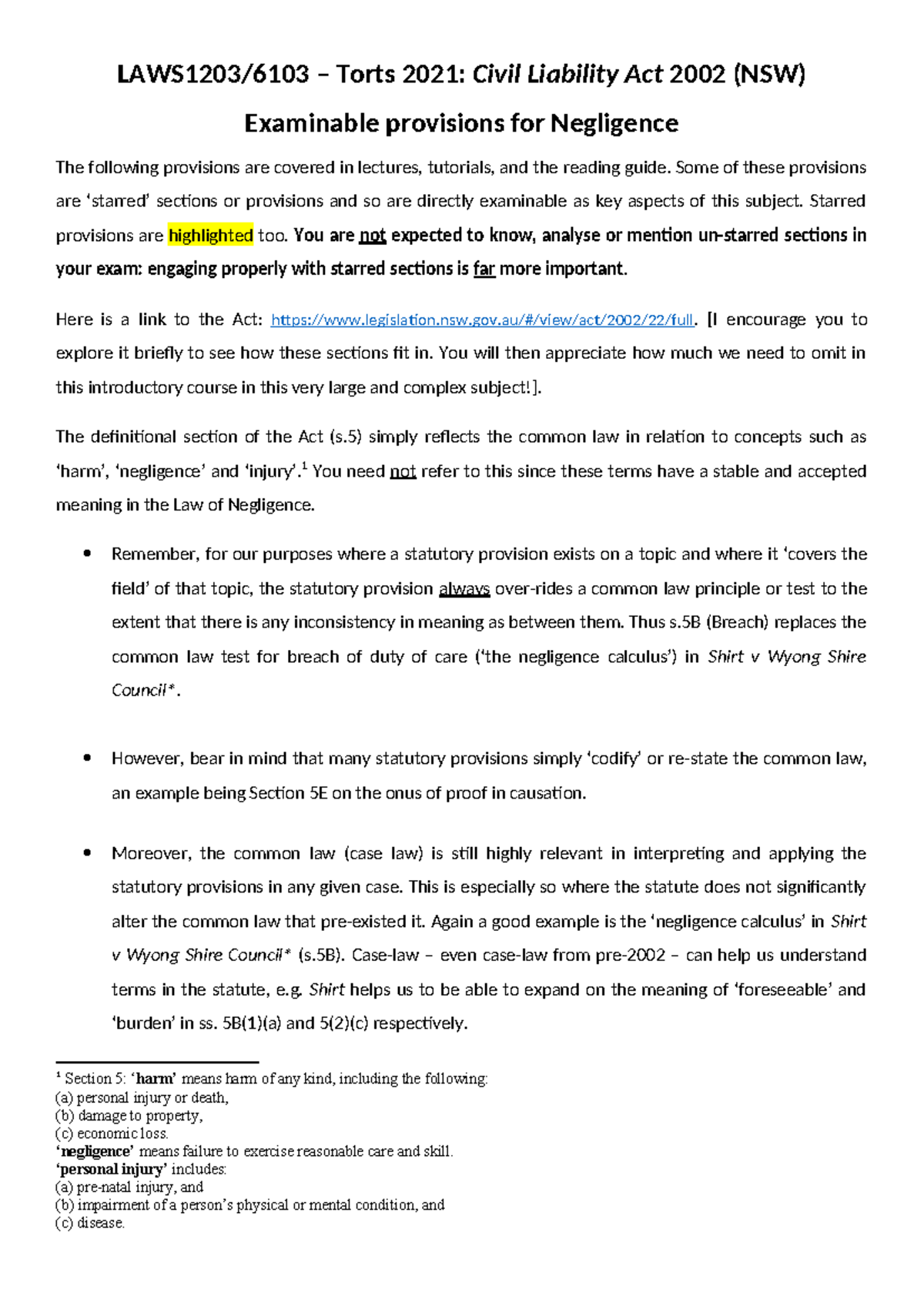 2021 Torts: Key Sections of the Civil Liability Act for Negligence ...
