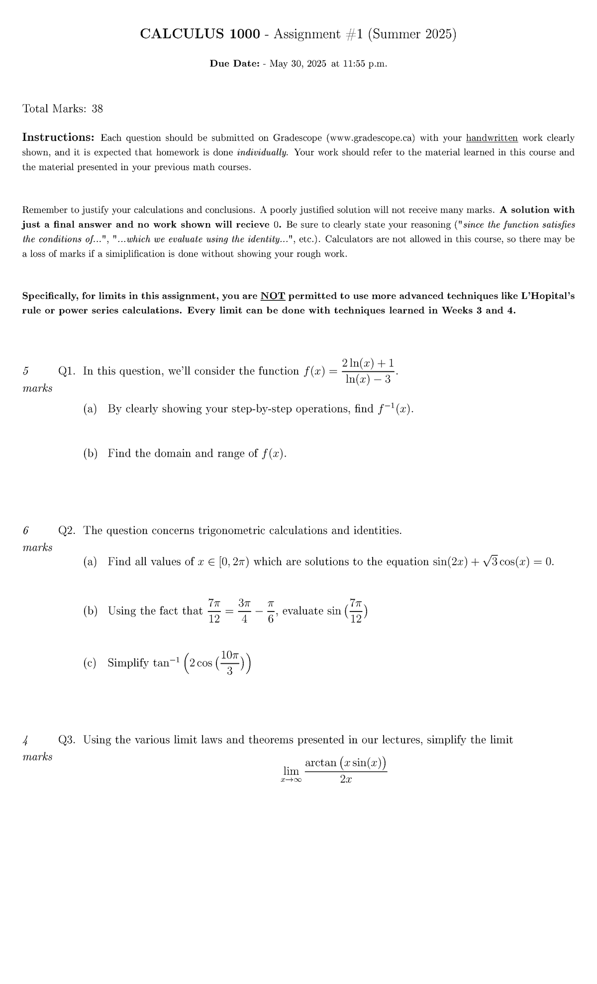 CALCULUS Assignment (1000A1S25) - Summer 2025 Guidelines - Studocu
