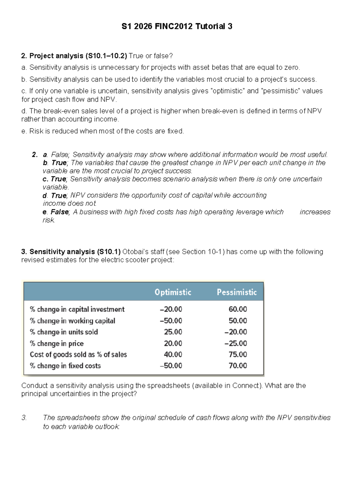 FINC2012 Tutorial 3: Project Analysis & Sensitivity Analysis Solutions ...