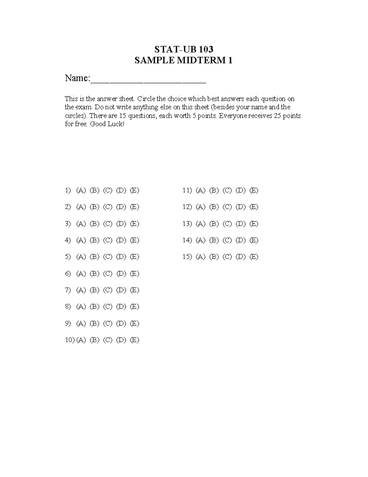 STAT-UB 103 Sample Midterm Exam: Answer Sheet & Questions - Studocu