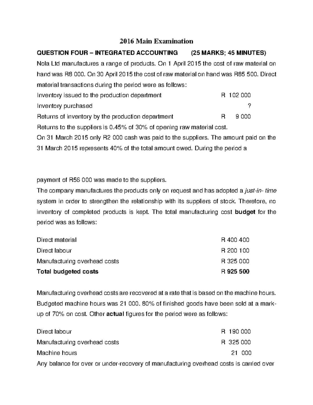2016 Integrated Accounting Past Paper: Key Questions and Solutions ...