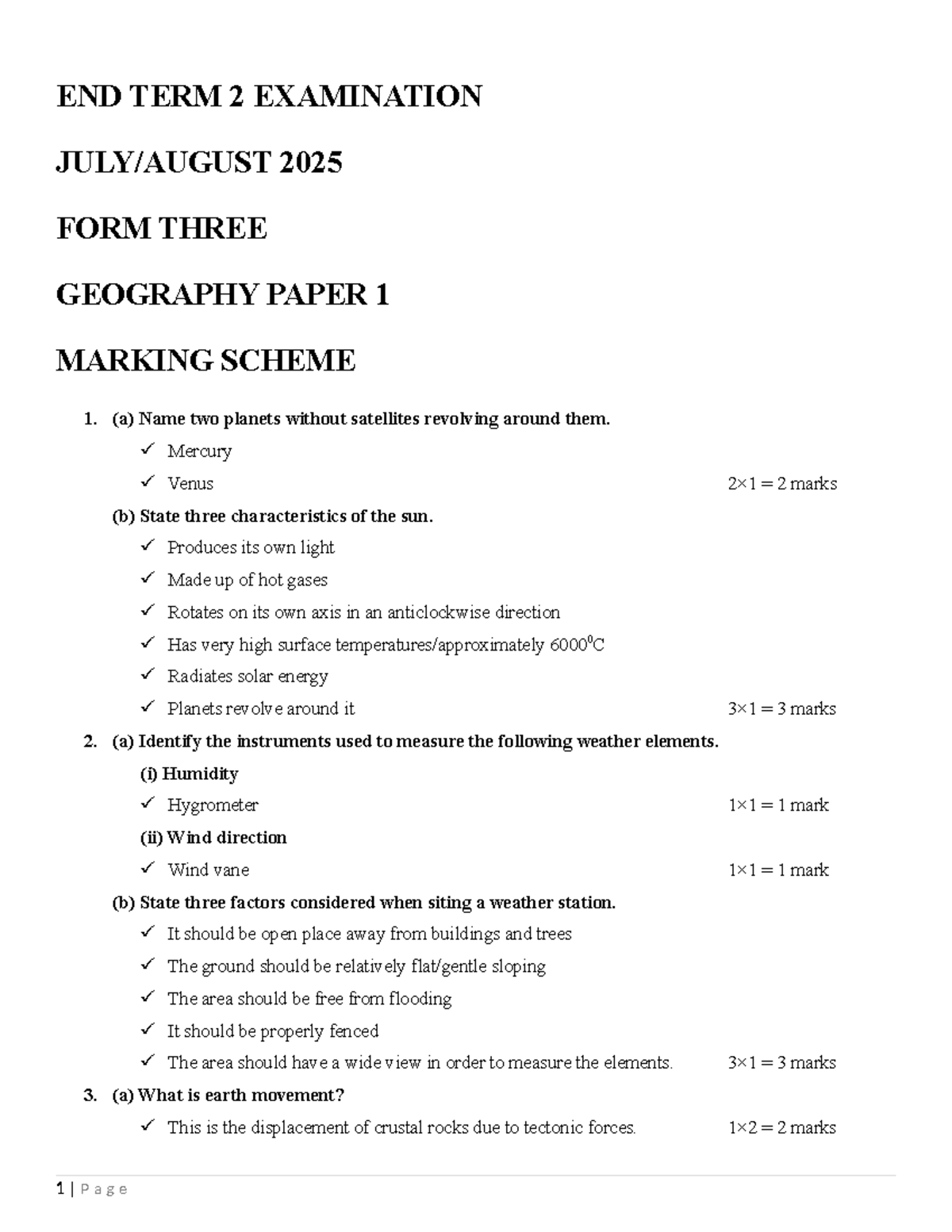 Geography F3 End Term 2 Exam 2025 Paper 1 Marking Scheme - Studocu