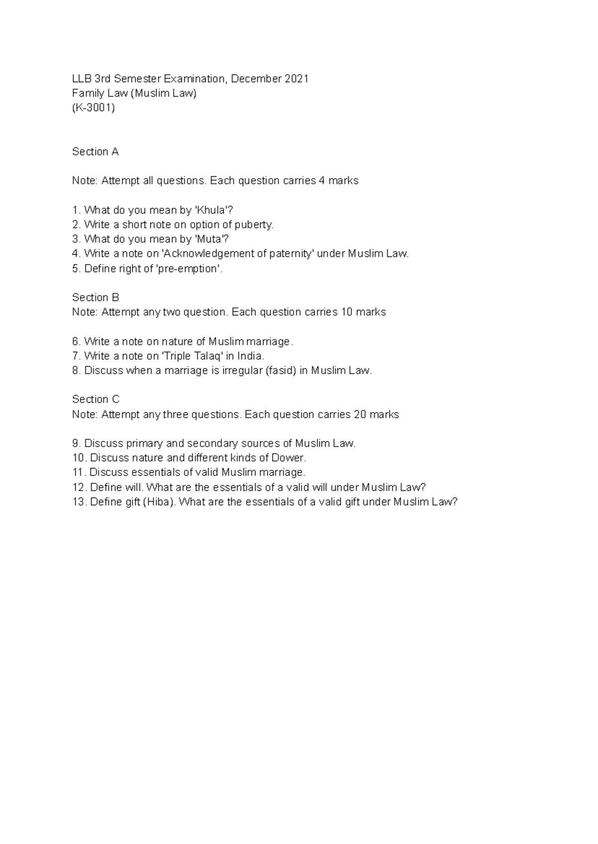 LLB 3rd Semester Examination Question Bank: Family Law, Public ...