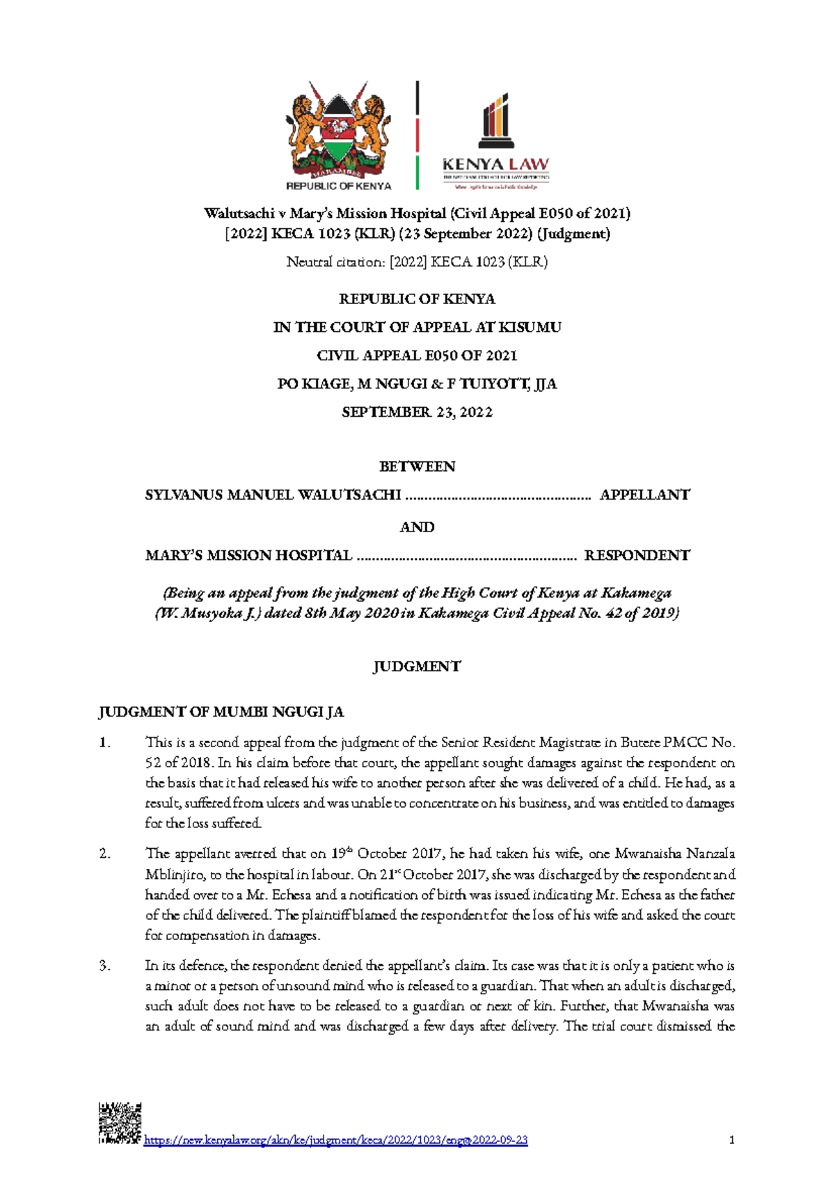 Walutsachi v Mission Hospital (Civil Appeal E050 of 2021) KECA 1023 ...