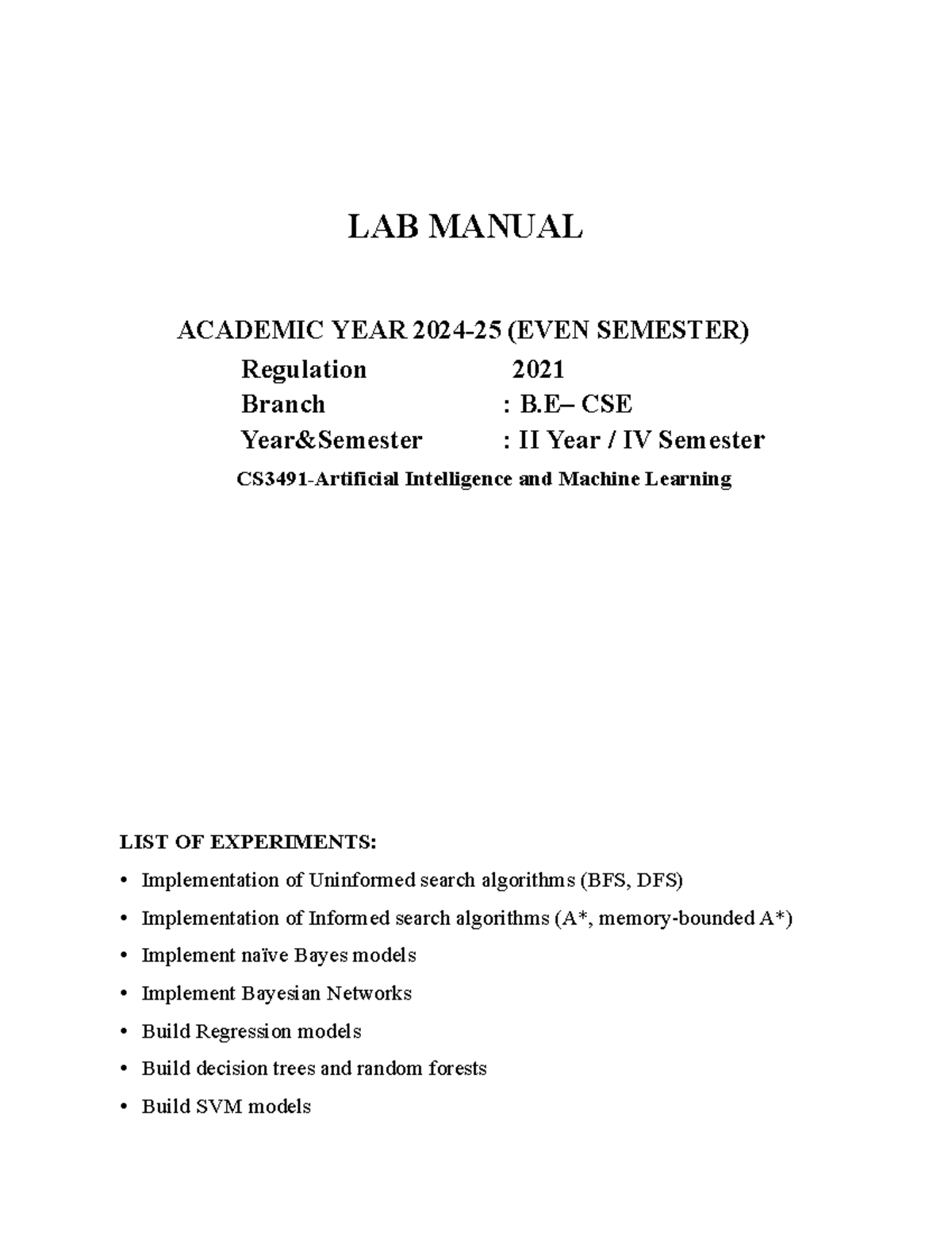 Lab manual CSE II Year IV Semester: Intelligence and machine learning ...