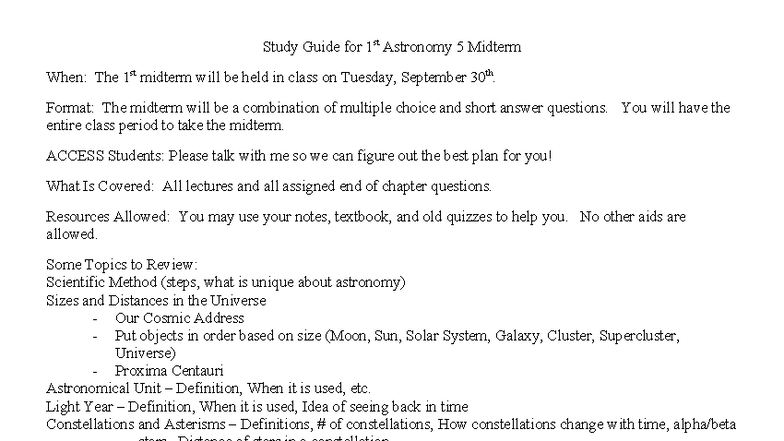 Astronomy 5 Midterm Exam Study Guide: Key Topics & Resources - Studocu