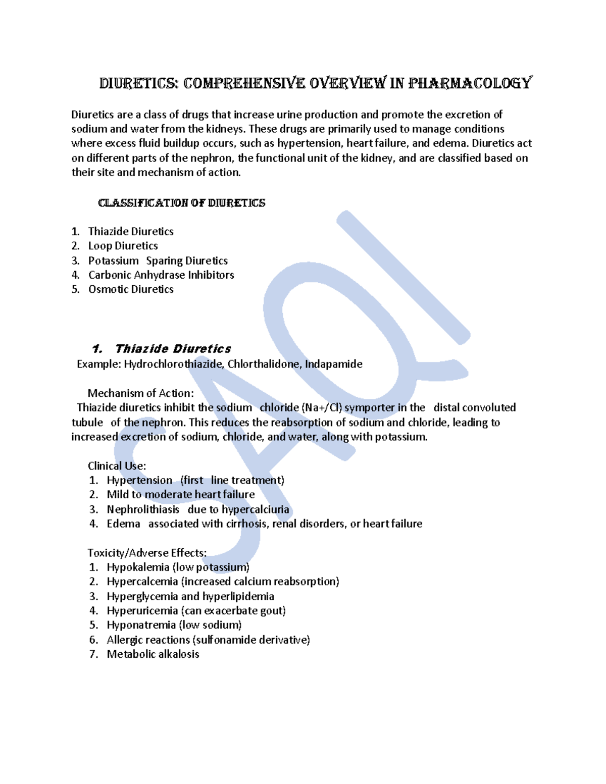 Diuretics: Comprehensive Pharmacology Notes for Med 101 - Studocu