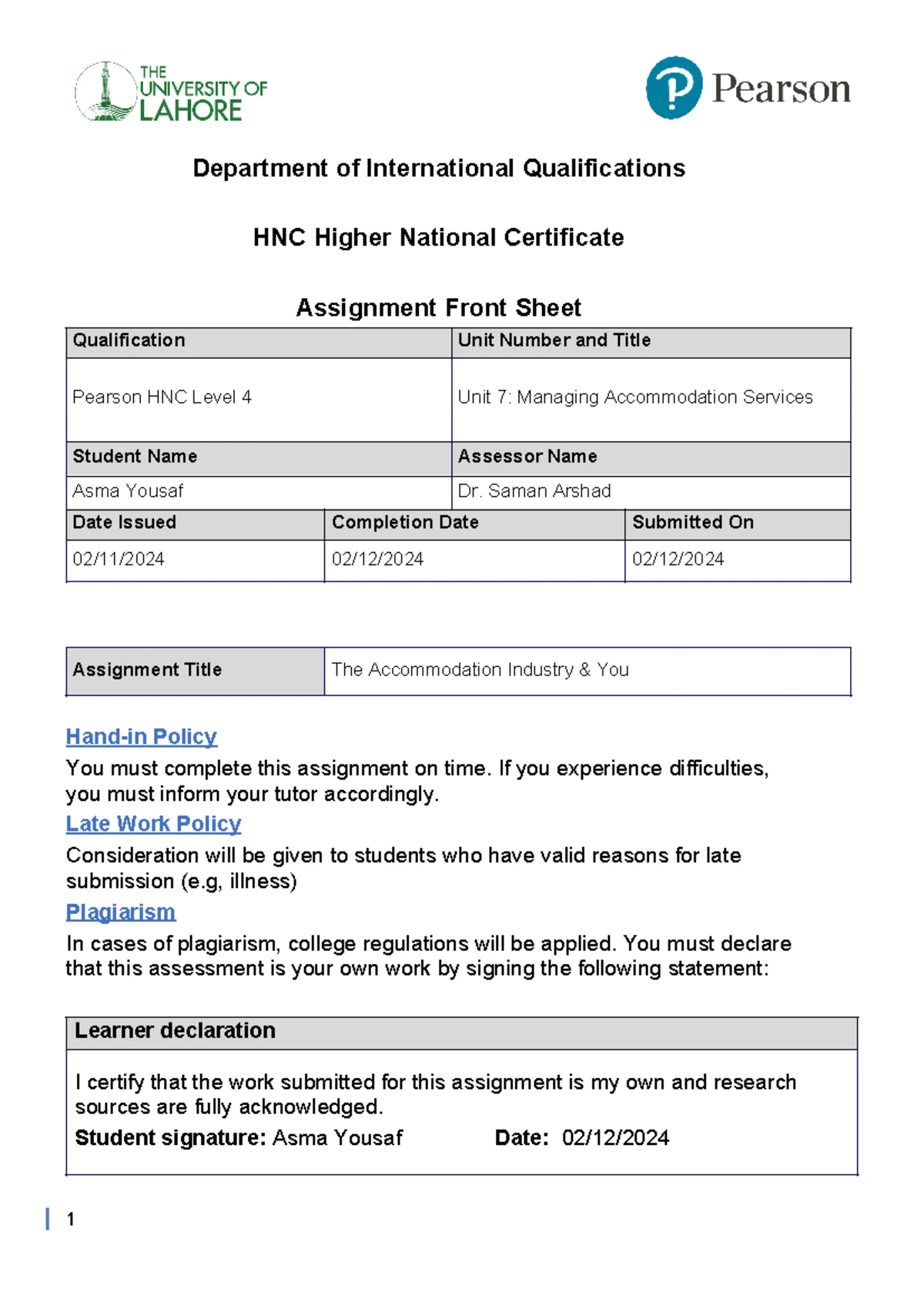 Assignment: HR Life Cycle Analysis in Hospitality (Pearson HNC Level 4 ...
