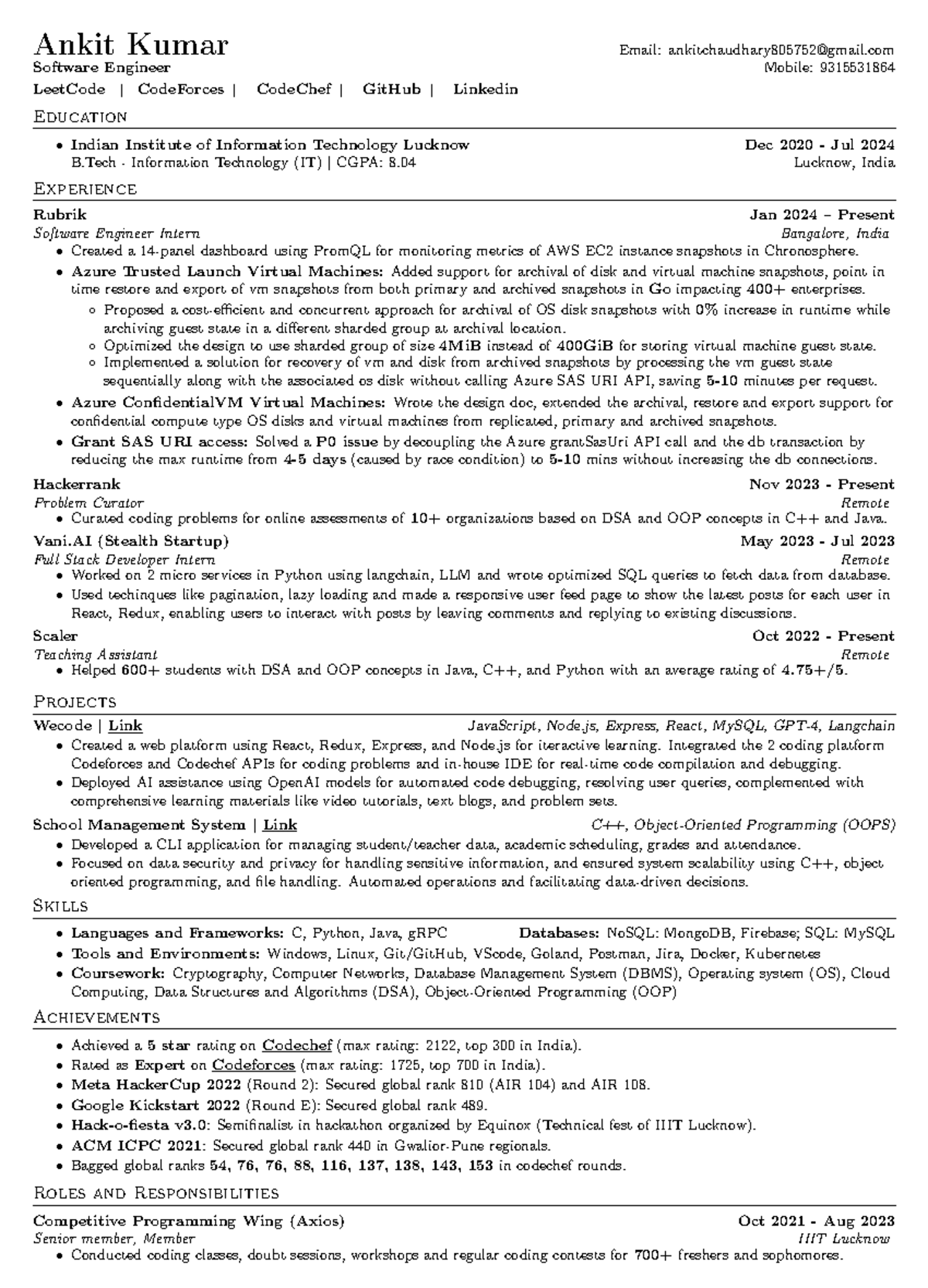 Resume of Ankit Kumar - Software Engineer Intern & Developer - Studocu