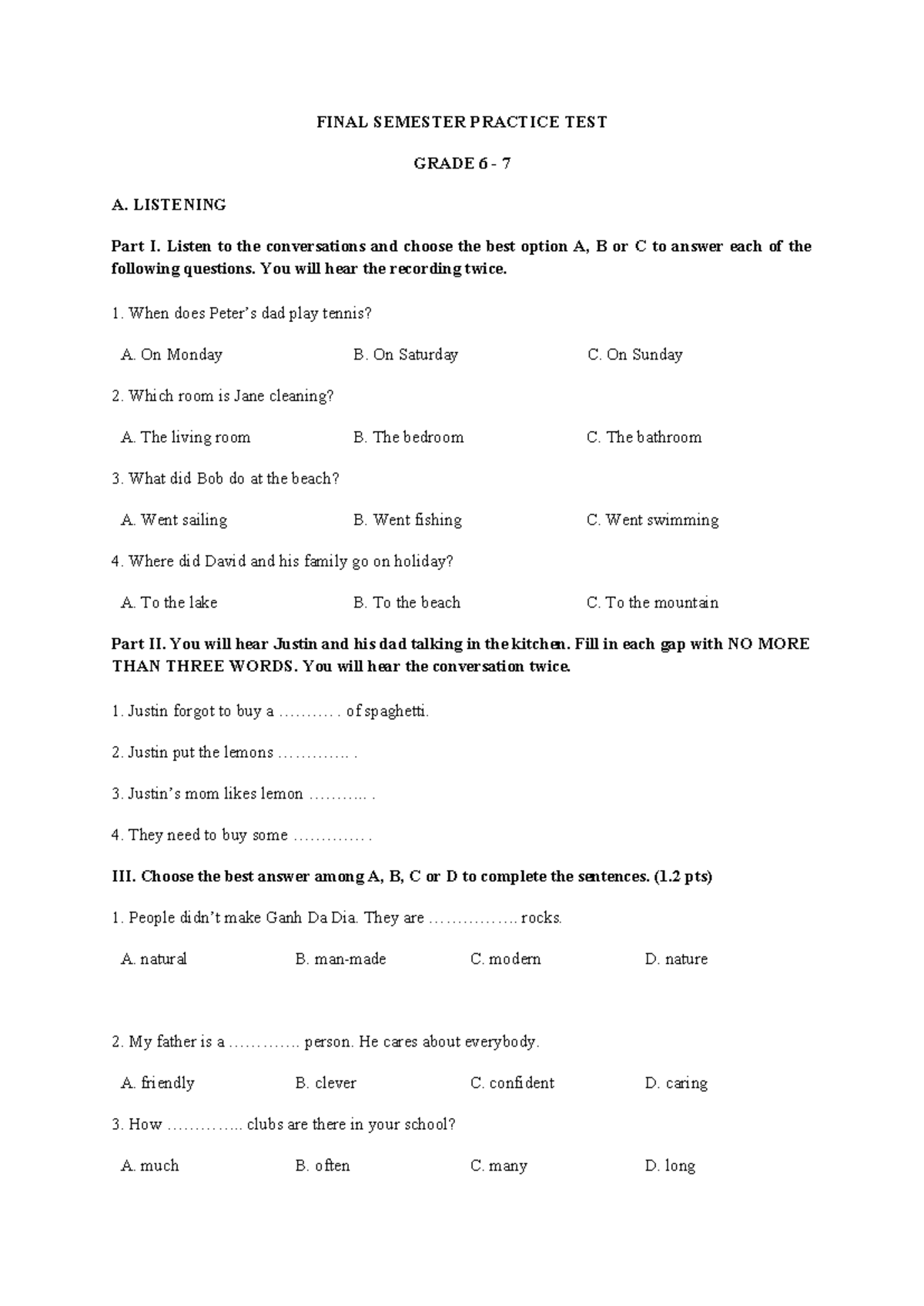 FINAL SEMESTER PRACTICE TEST GRADE 6-7: LISTENING & READING - Studocu
