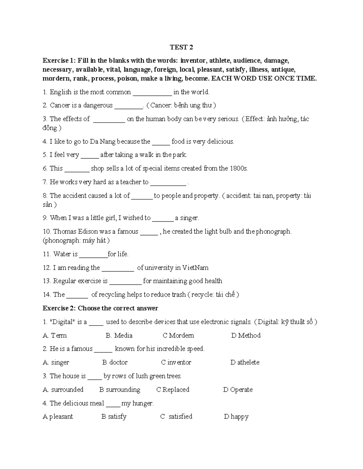 Test 2 - Exercises and Answers for Vocabulary and Comprehension - Studocu