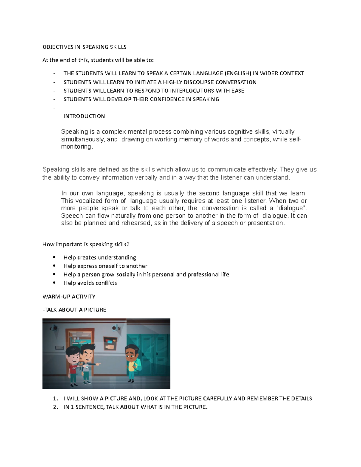 Objectives for Speaking Skills Development - Studocu
