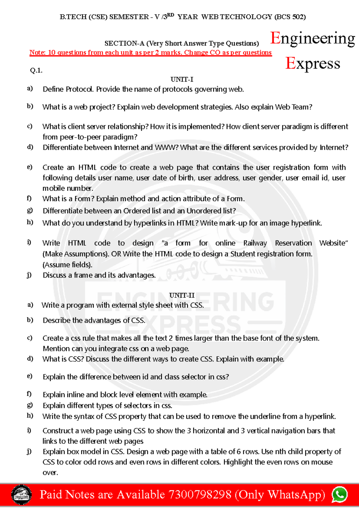 Question Bank Web Technology by Engineering Express - B (CSE) SEMESTER ...