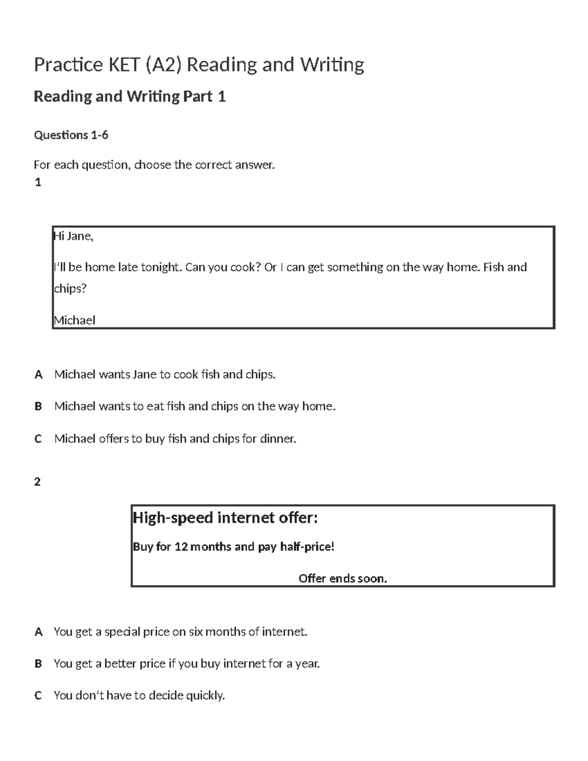 KET (A2) Practice: Reading & Writing Questions and Answers - Studocu
