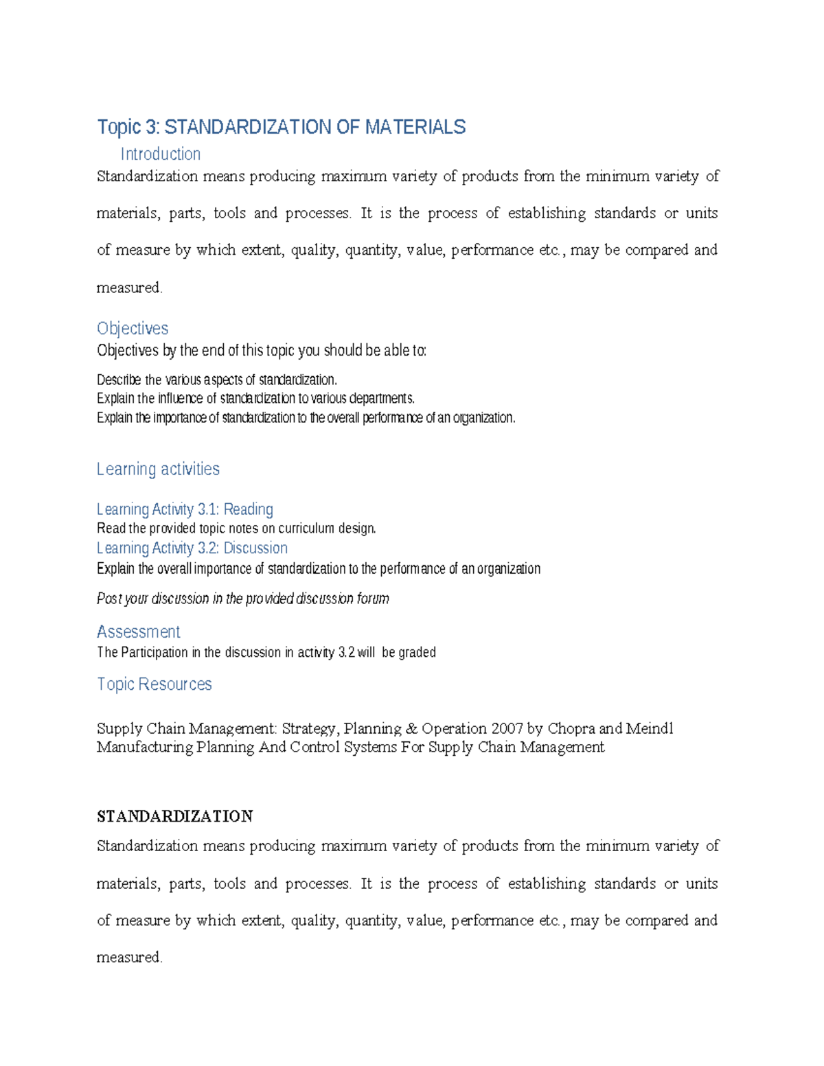 Topic 3 - Lecture Notes on Standardization of Materials - Studocu
