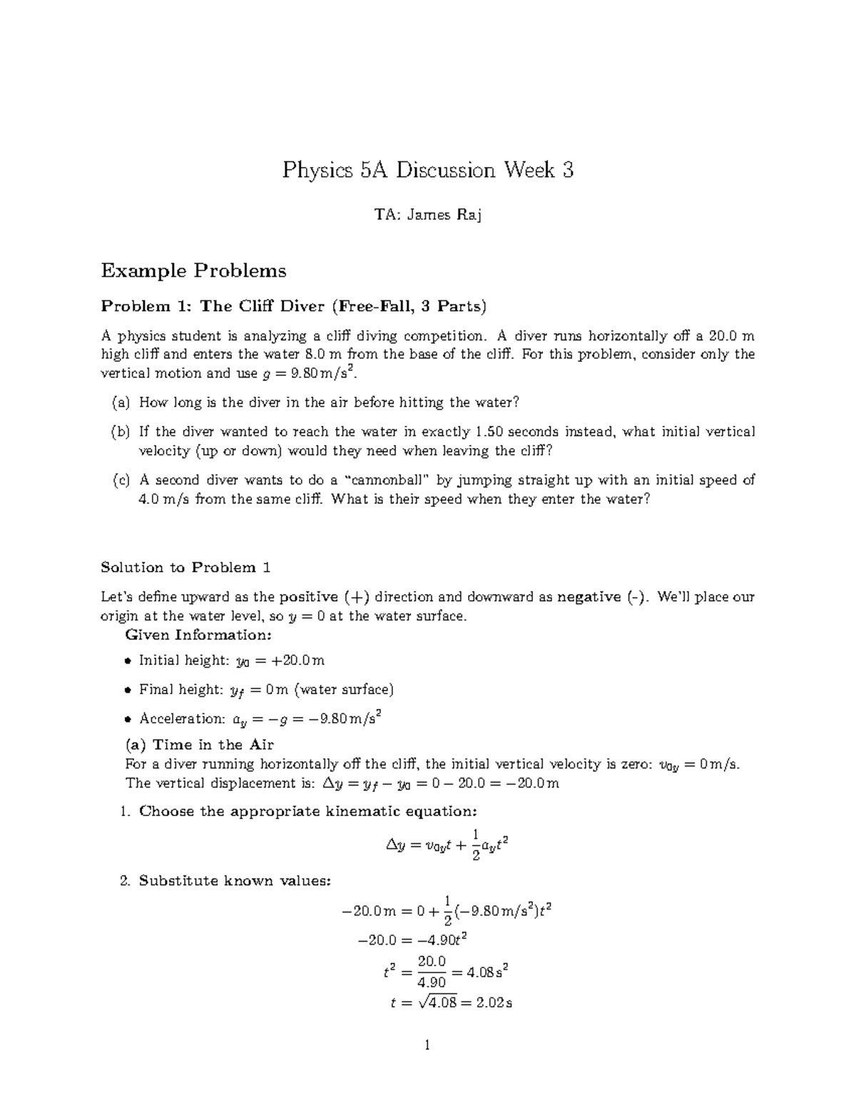 Physics 5A Week 3 Discussion Solutions: Example Problems and Analysis ...
