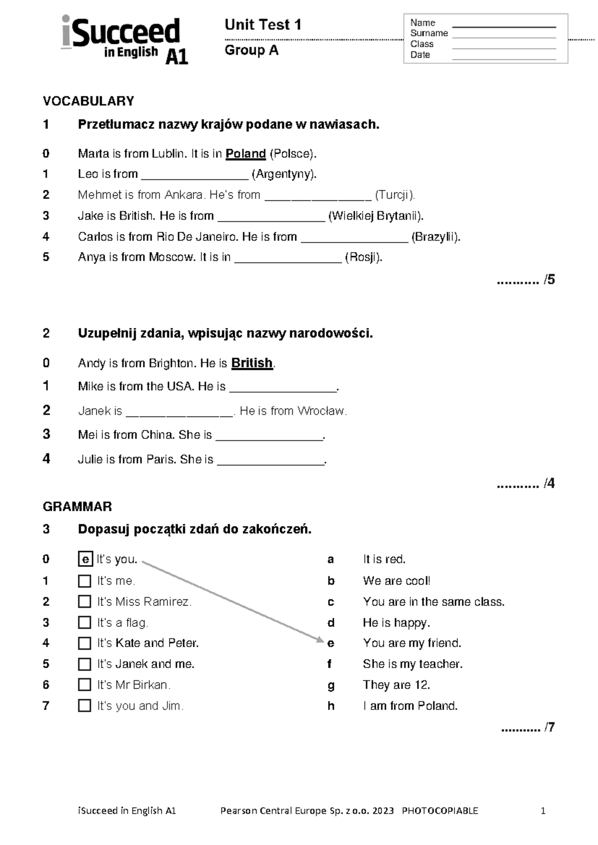 I Succeed A1: Unit 1 Test Group A - Vocabulary & Grammar - Studocu
