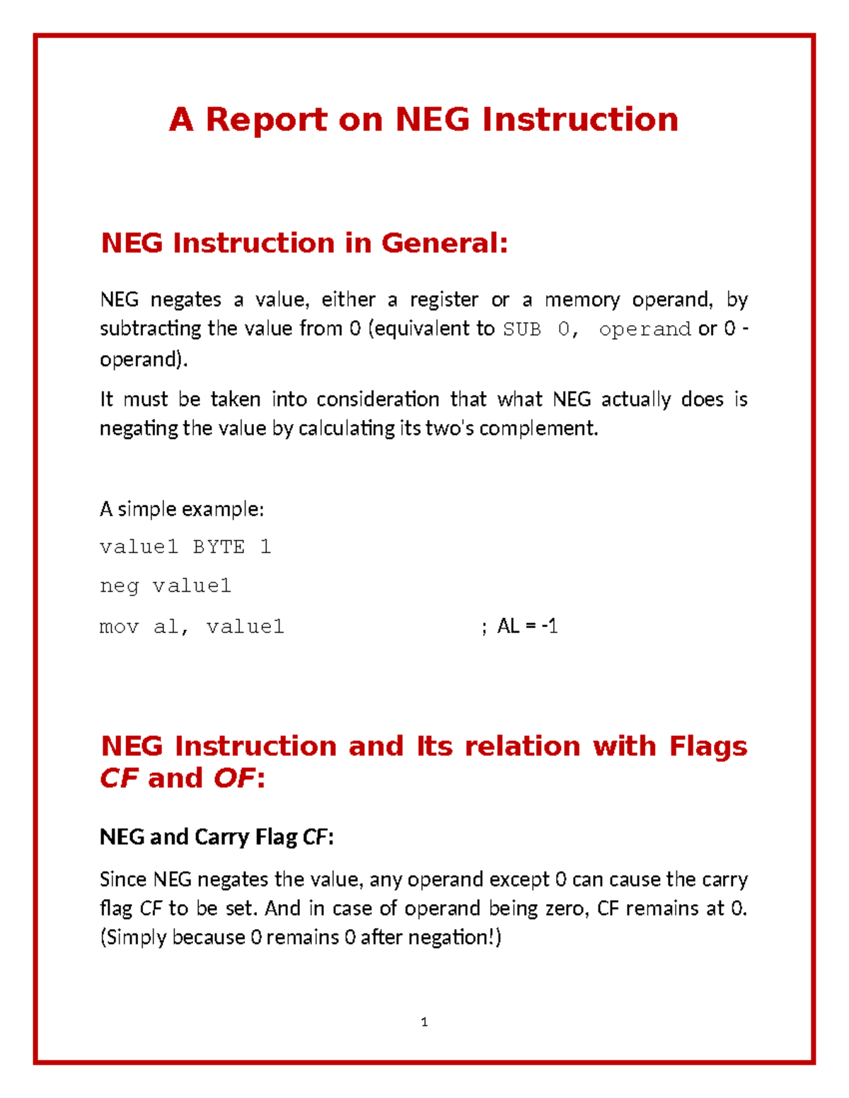 NEG Instruction - A Report on NEG Instruction NEG Instruction in ...