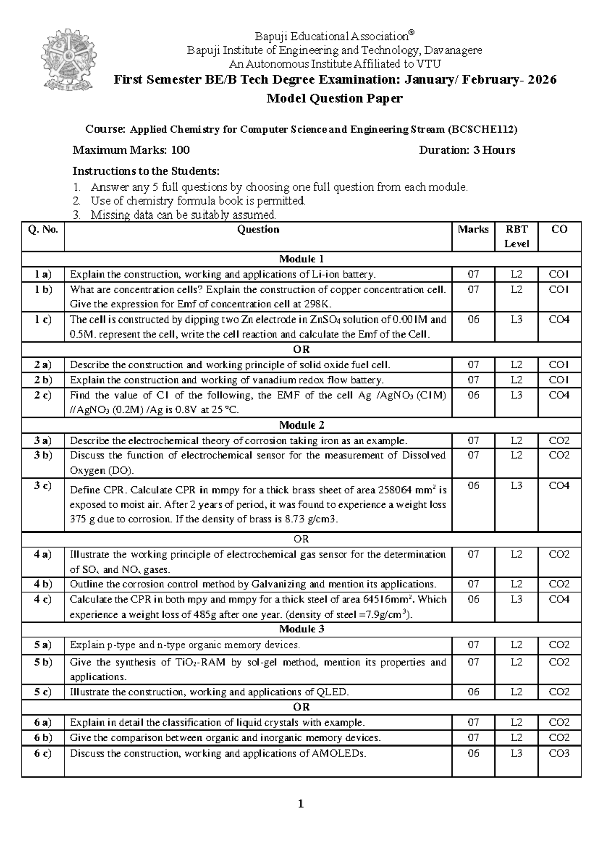 BSCHE112 2026 Model Question Paper: Applied Chemistry Exam - Studocu