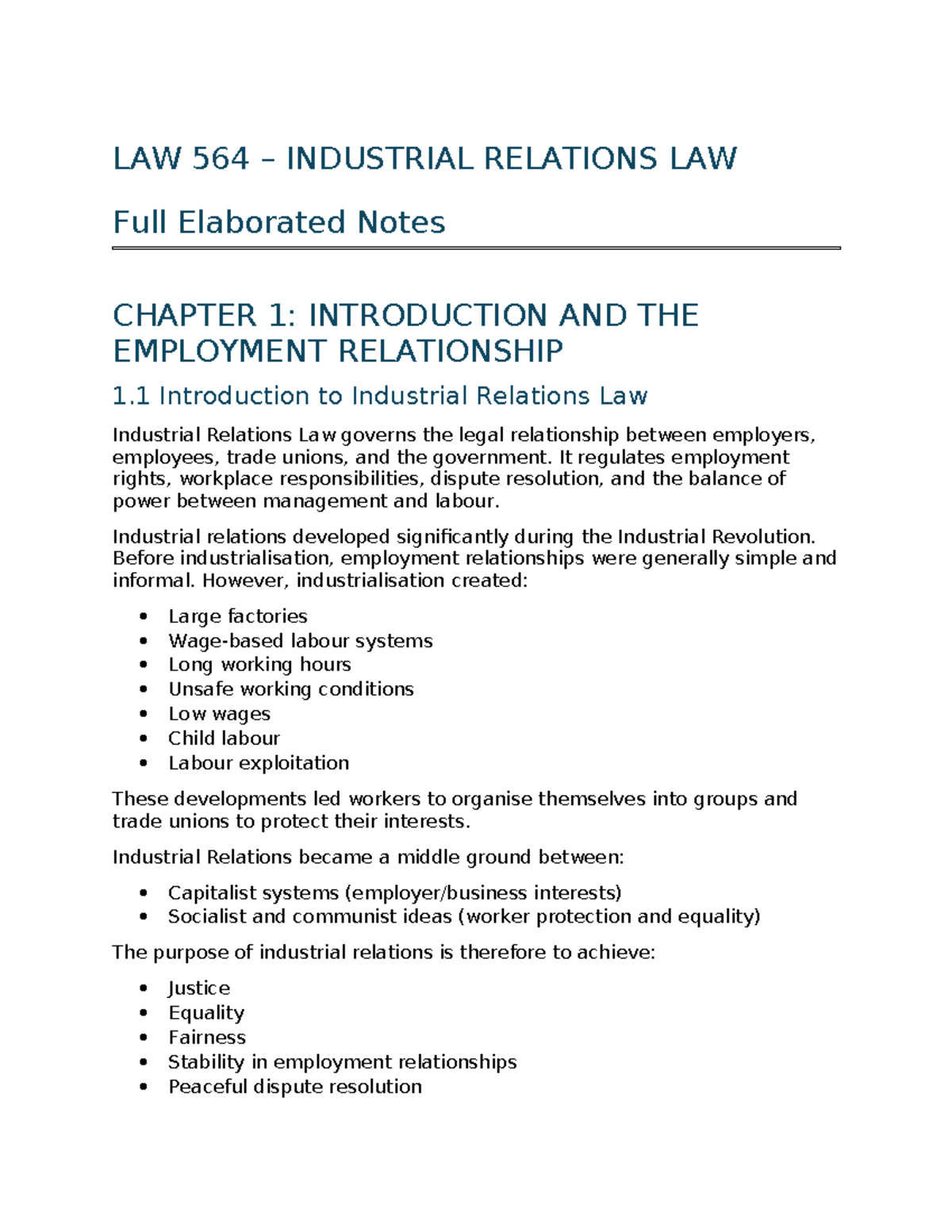 LAW 564 INDUSTRIAL RELATIONS LAW Comprehensive Notes on Chapters 1-4 ...