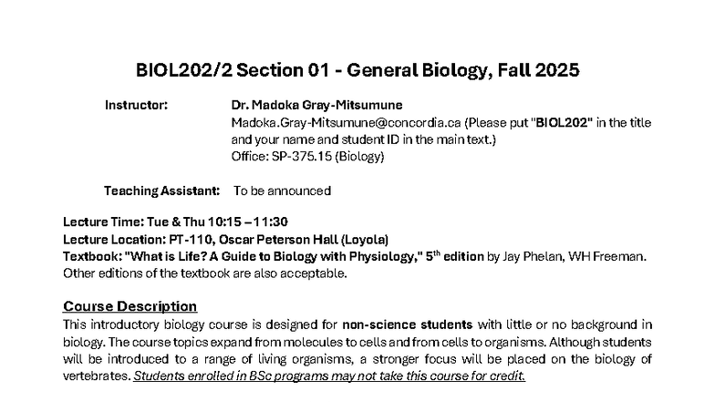 BIOL202 Fall 2025 General Biology Course Outline and Schedule - Studocu