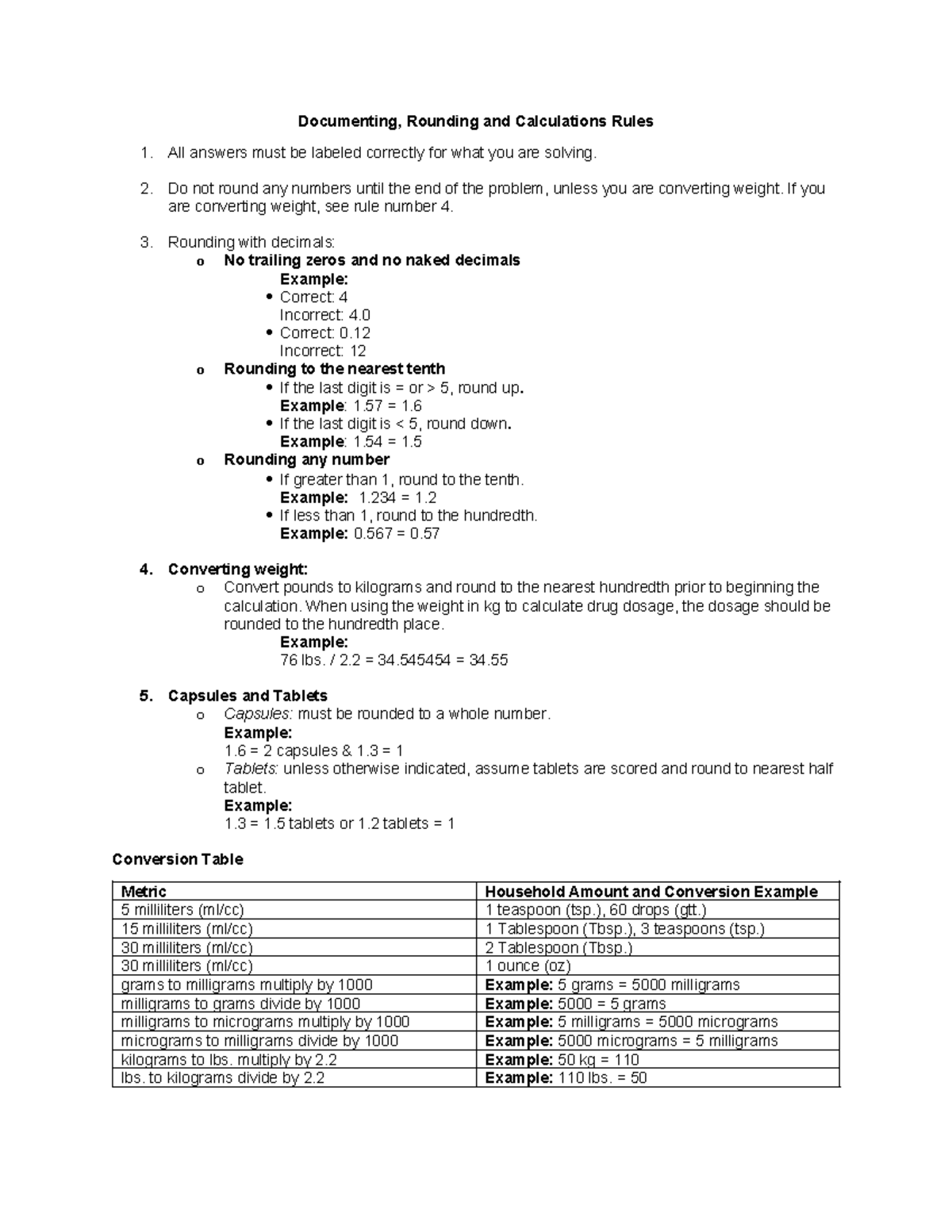 Documenting, Rounding and Calculations Rules - Do not round any numbers ...