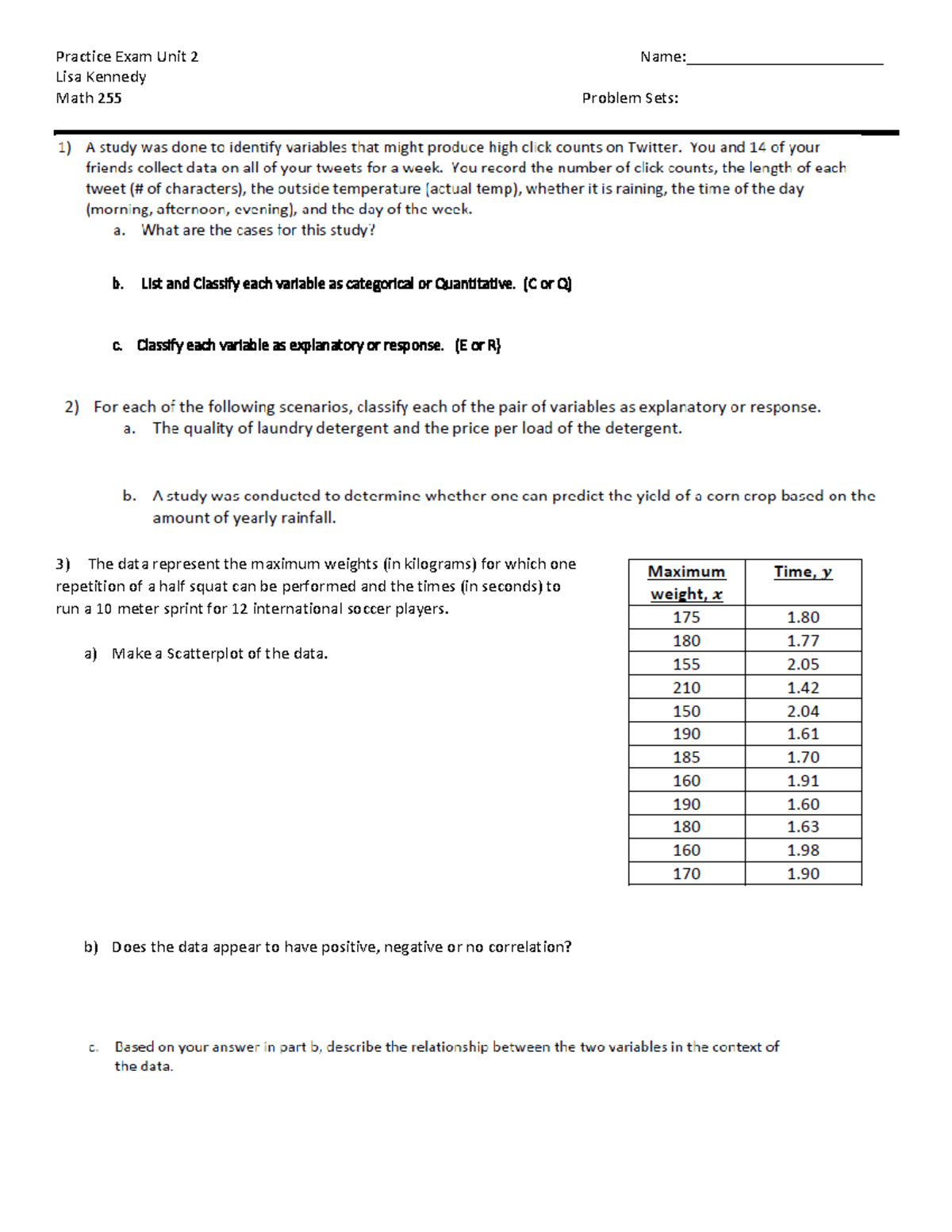 Math 255 Practice Exam: Unit 2 Variable Classification & Analysis - Studocu