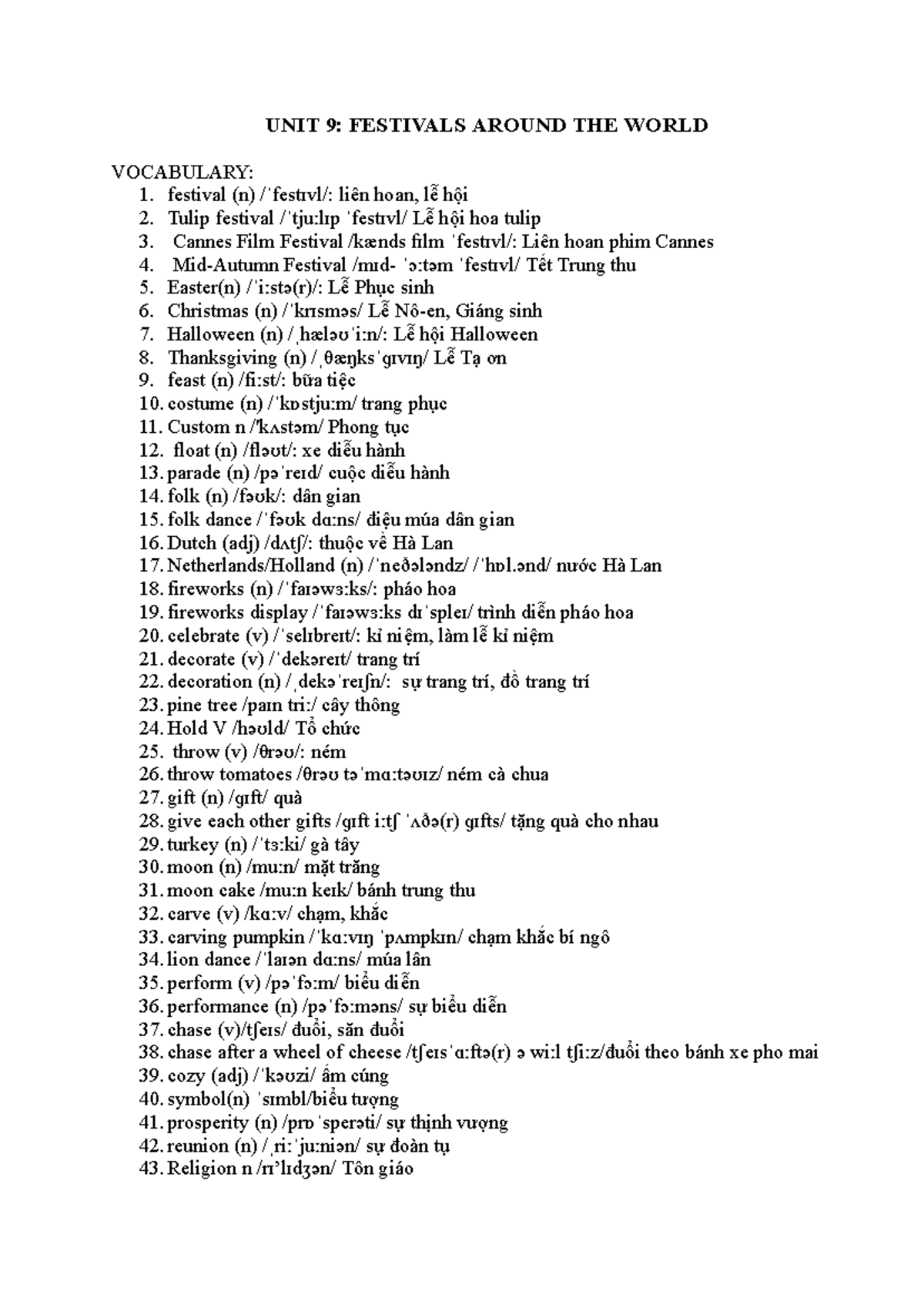 UNIT 9: Festivals Around the World - Vocabulary and Activities Guide ...