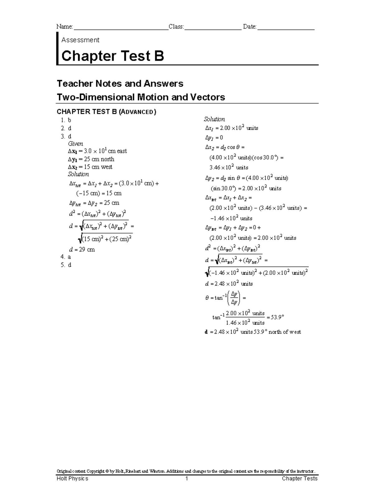 Chapter Test B - Two-Dimensional Motion and Vectors (Advanced) - Studocu