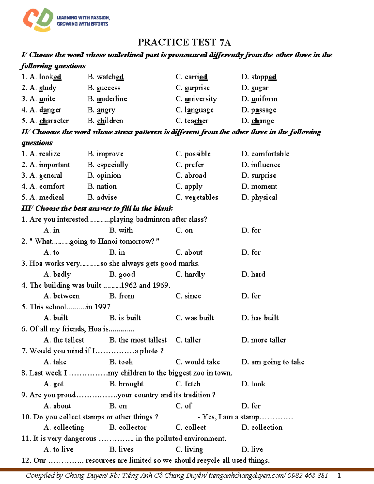 Practice test 7A - ex exercise s - PRACTICE TEST 11A I/ Choose the word ...