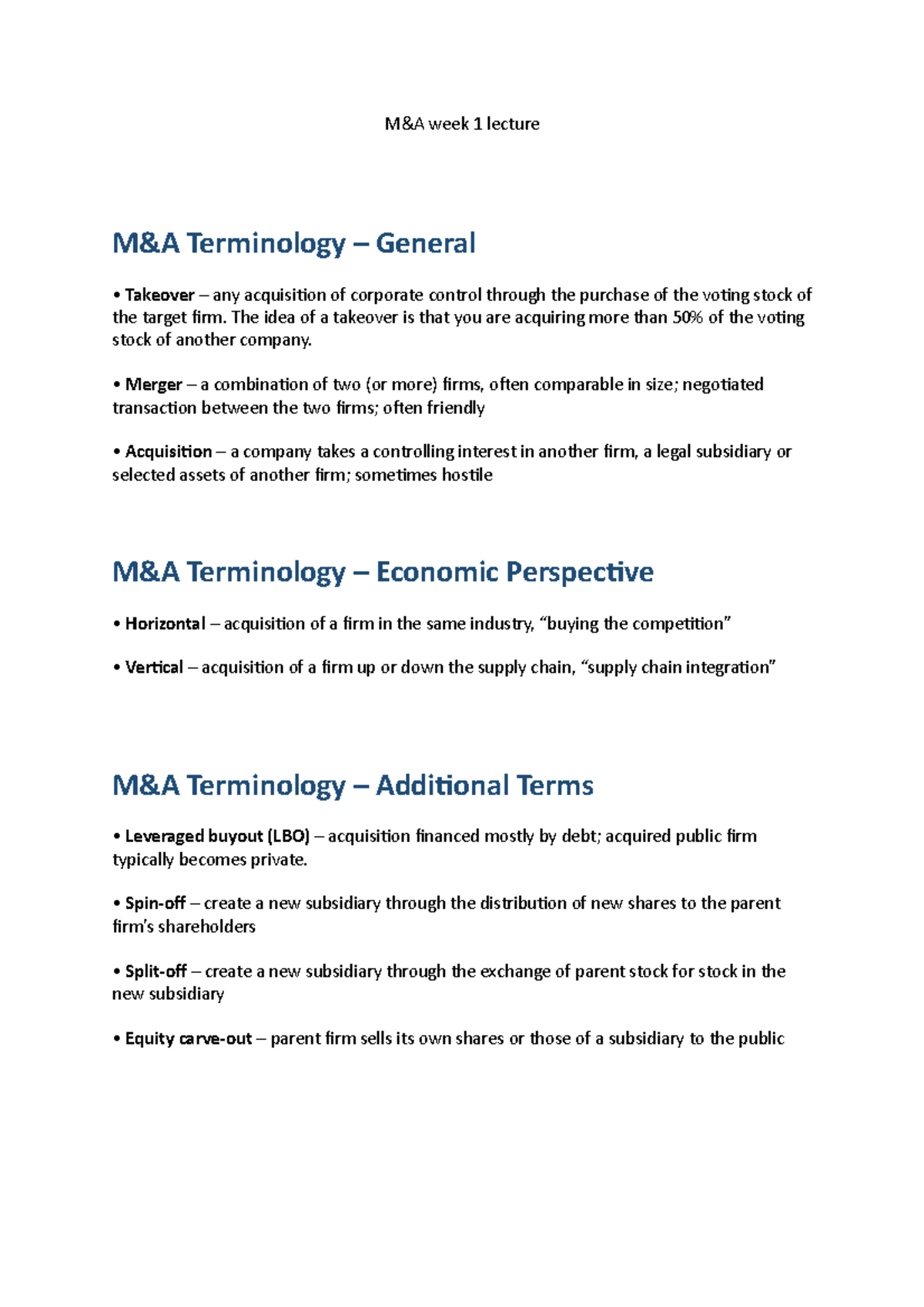 M&A week 1 Theory Notes - M&A week 1 lecture M&A Terminology – General ...