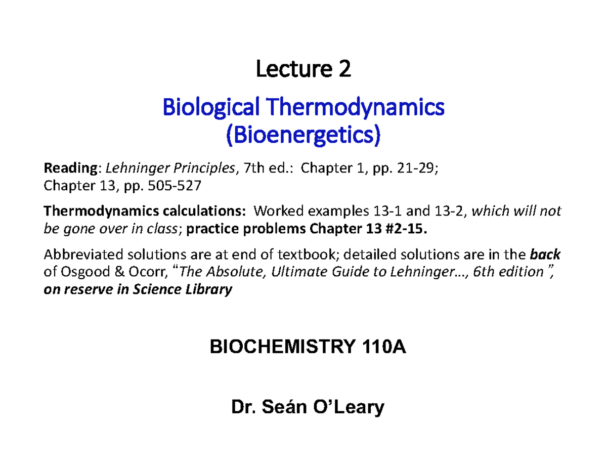 Lecture 2: Biological Thermodynamics (BIOCHEMISTRY 110A) - Studocu