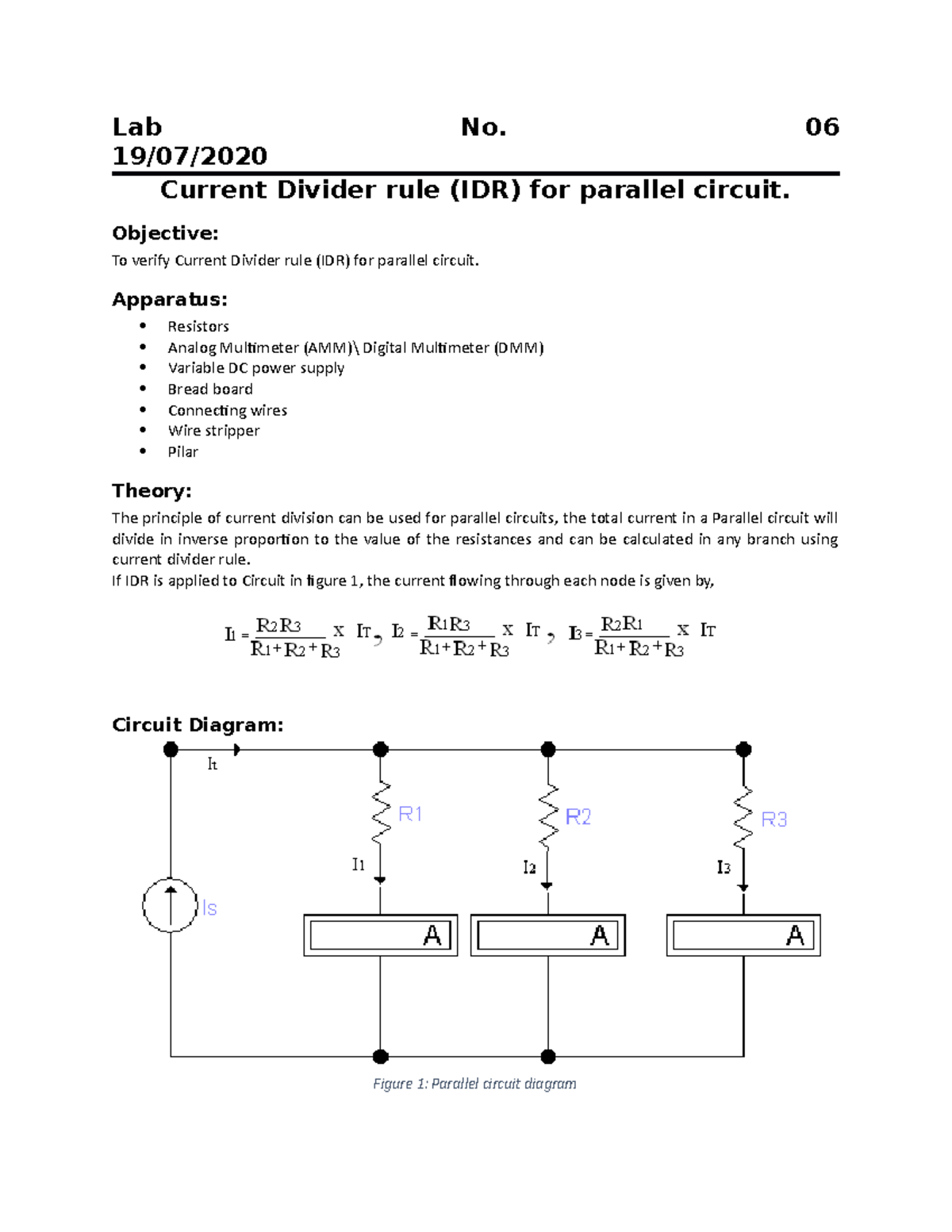 LCA Lab06 - Current Divider Rule Verification in Parallel Circuits ...