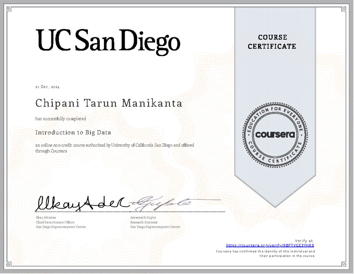 Introduction to Big Data - UCSD Online Course Completion Certificate ...
