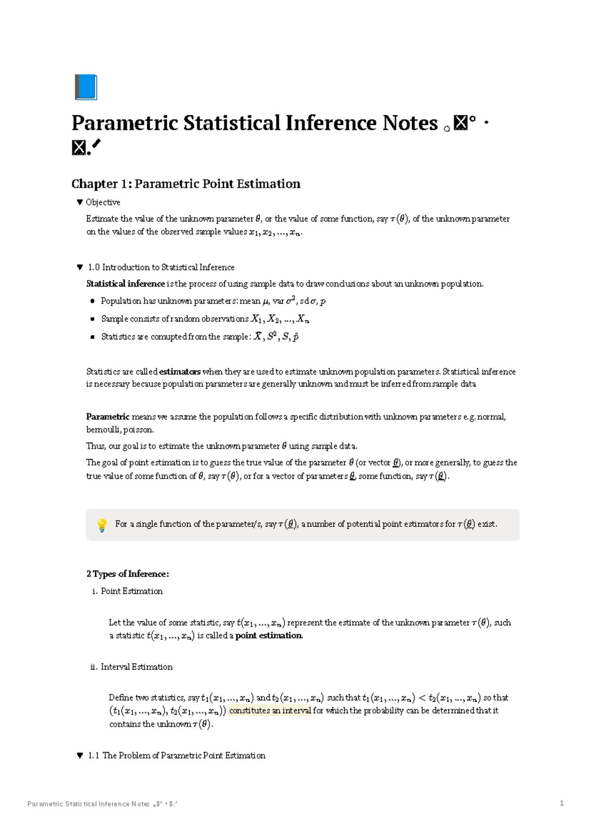 Parametric Statistical Inference Notes: Chapter 1 - Point Estimation ...