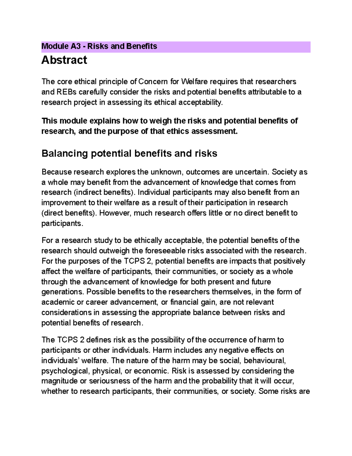 Ethics Assessment of Research Risks and Benefits - Panel P3 - Studocu