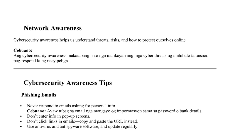 Network Awareness: Cybersecurity Tips and Best Practices - Studocu